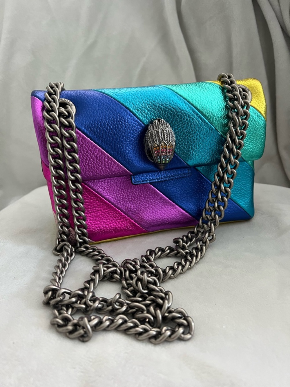 Kurt Geiger Multicolor Chevron Leather Crossbody — Teal Blue Pink Yellow